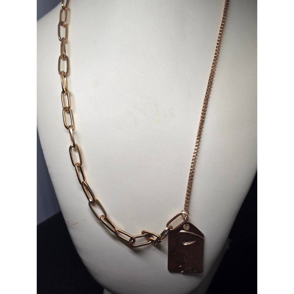 Rose Gold tone Mixed Chain Necklace Paperclip Box Link Abstract Face Pendant Tag